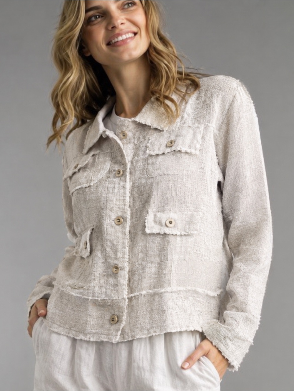 TEMPO PARIS Linen Frayed Oatmeal Button-Front Jacket